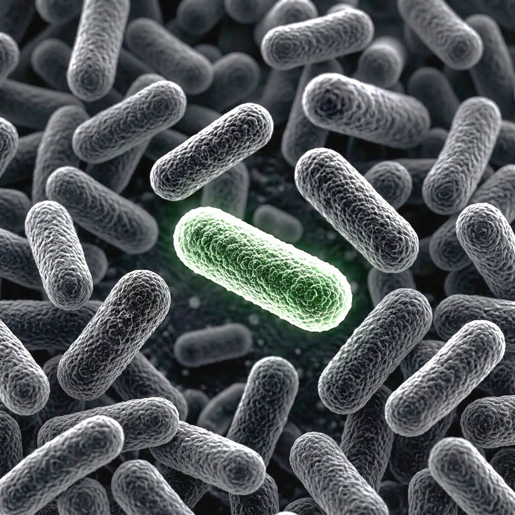 Scanning electron micrograph of a bacterial colony with a single resistant cell highlighted in green