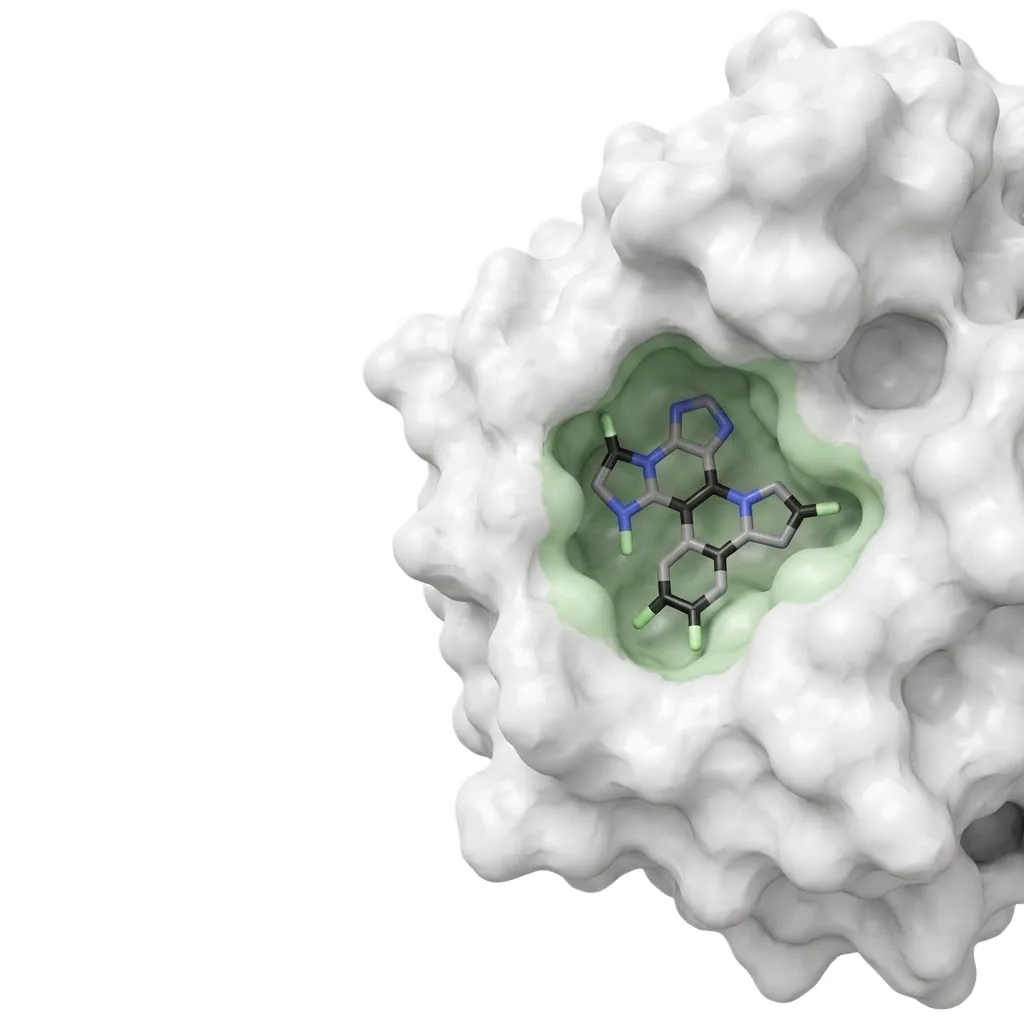 Small-molecule drug candidate bound inside a protein binding pocket during structure-based docking